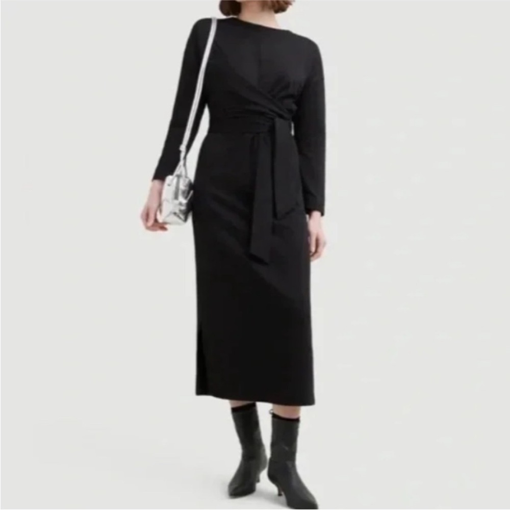 Modern Citizen Terry Cloth Cotton Black Tie Front Long Sleeve Midi Dress Size M - Picture 2 of 14